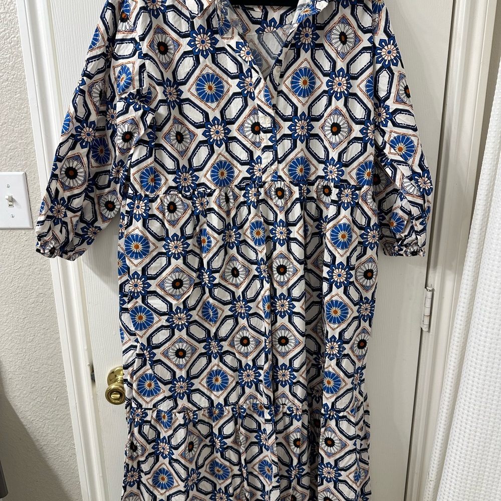 Maeve Blue and White Floral Geometric Maxi Dress